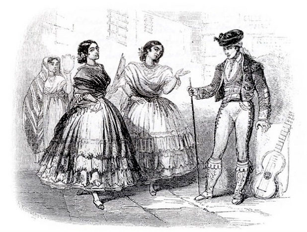 Dibuix - Gitanes de Triana, barri de Savilla, 1854. Dibuix dA. Rouargue.